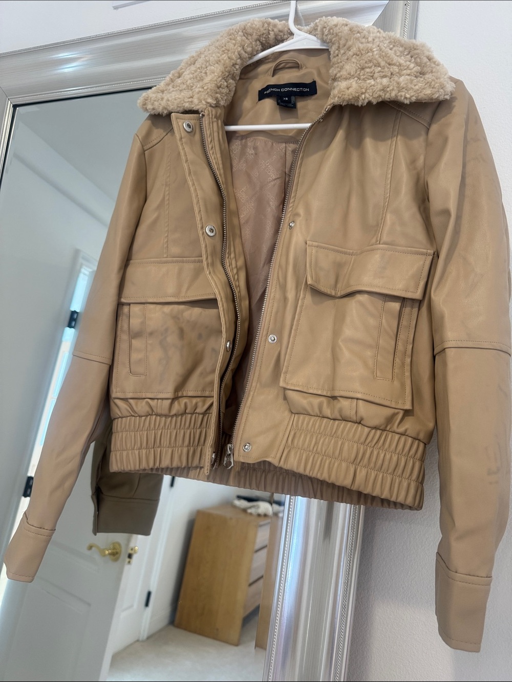 French Connection Tan Bomber Jacket with Faux-Shearling Collar